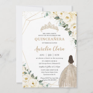 Quinceañera Ivory White Floral Champagne Dress Invitation