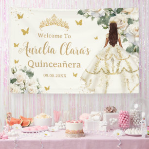 Quinceañera Ivory White Floral Dress Princess Gold Banner