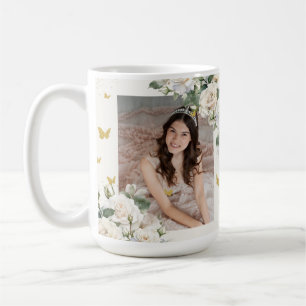 Quinceañera Ivory White Floral Dress Princess Gold Coffee Mug