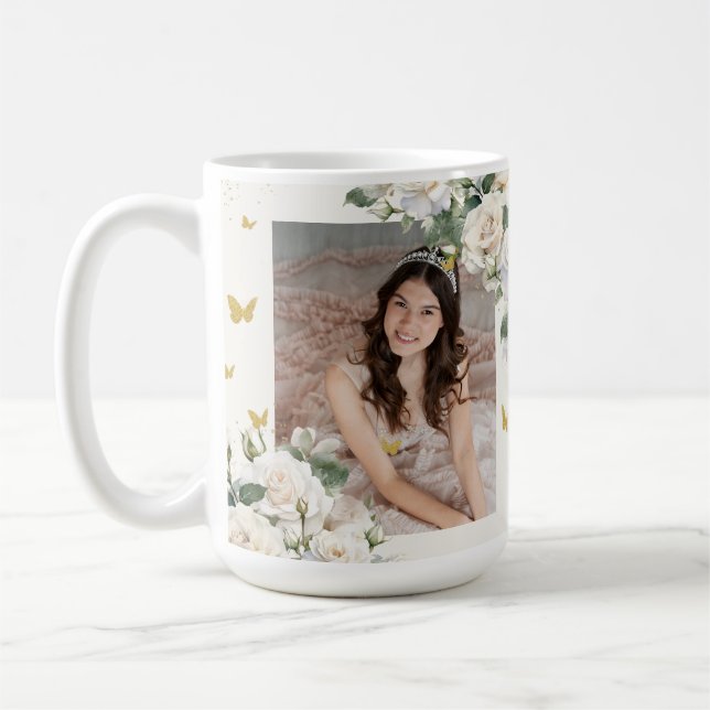 Quinceañera Ivory White Floral Dress Princess Gold Coffee Mug (Left)