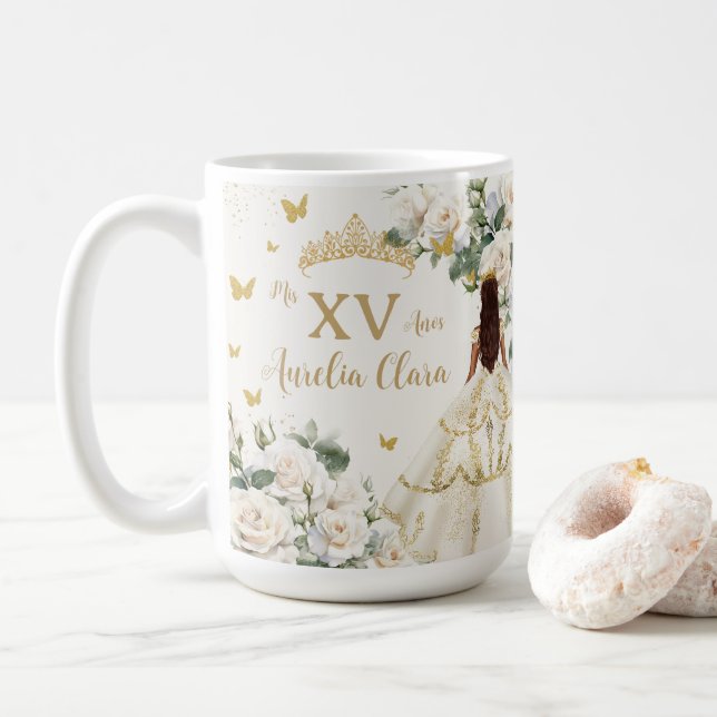 Quinceañera Ivory White Floral Dress Princess Gold Coffee Mug (With Donut)