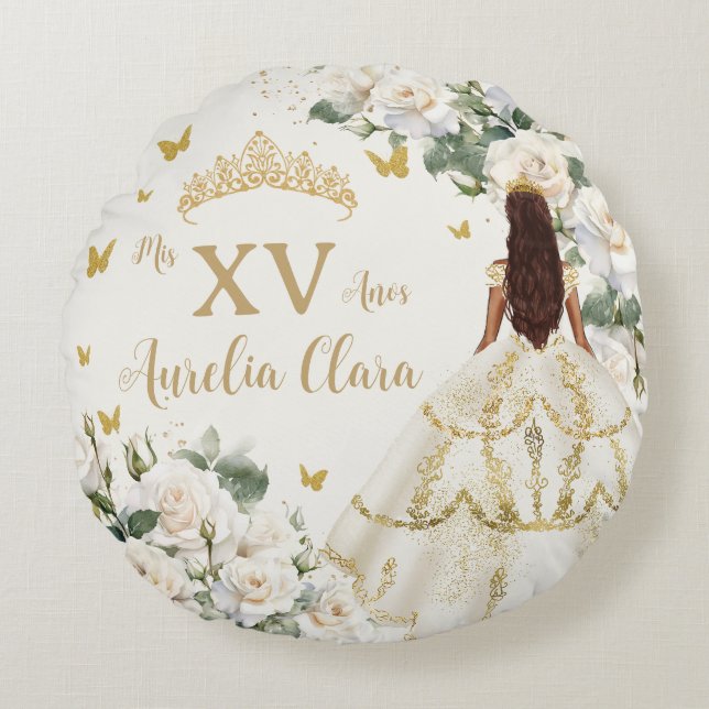 Quinceañera Ivory White Floral Dress Princess Gold Round Cushion (Front)