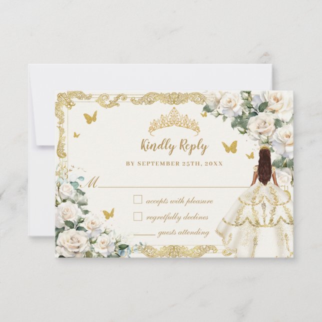 Quinceañera Ivory White Floral Dress Princess Gold RSVP Card (Front)