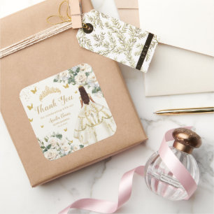 Quinceañera Ivory White Floral Dress Princess Gold Square Sticker