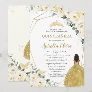 Quinceañera Ivory White Floral Gold Brown Princess Invitation
