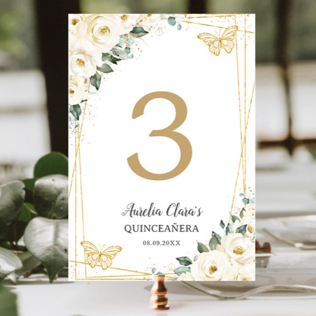Quinceañera Ivory White Floral Gold Butterflies Table Number (Creator Uploaded)