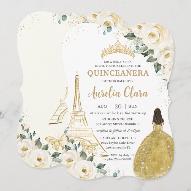 Quinceañera Ivory White Floral Paris Gold Princess Invitation (Front/Back)