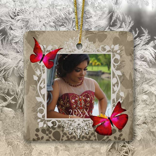 Quinceanera Keepsake Gift, Red Butterflies Photo Ceramic Ornament (mis quince anos red butterflies keepsake christmas ornament ruby red quinceanera gifts)