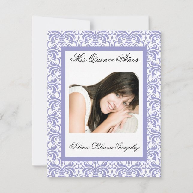 Quinceanera Lavender Damask Purple and White Invitation (Front)