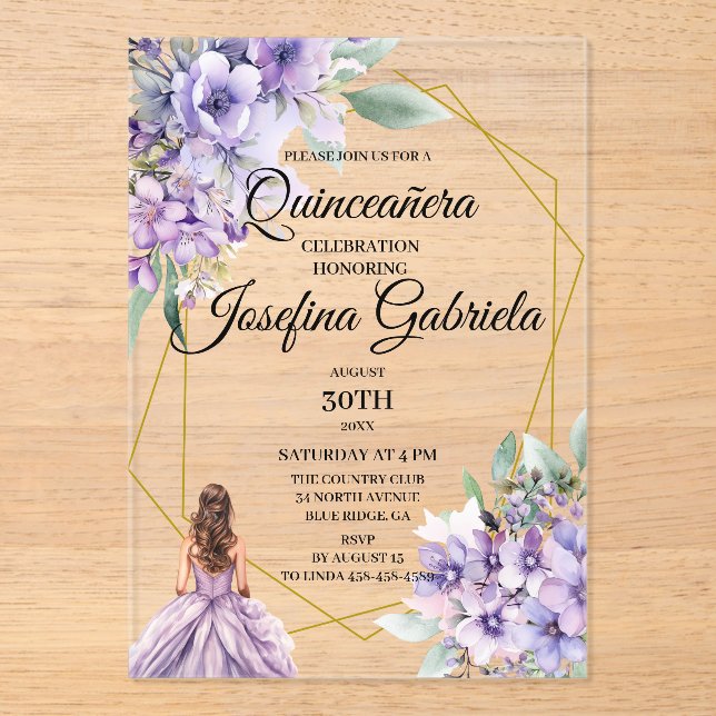 Quinceanera Lavender floral  Acrylic Invitations (Front)