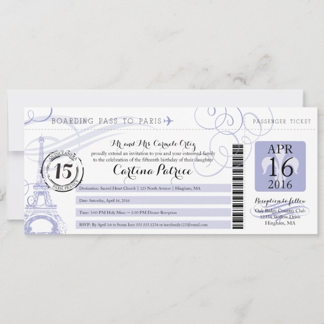 Quinceanera Lavender | Paris Boarding Pass Invitation (Front)