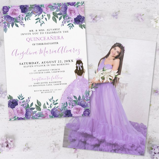 Quinceanera Lavender Purple Photo Floral Invitation (Quinceanera Lavender Purple Photo Floral Invitation)