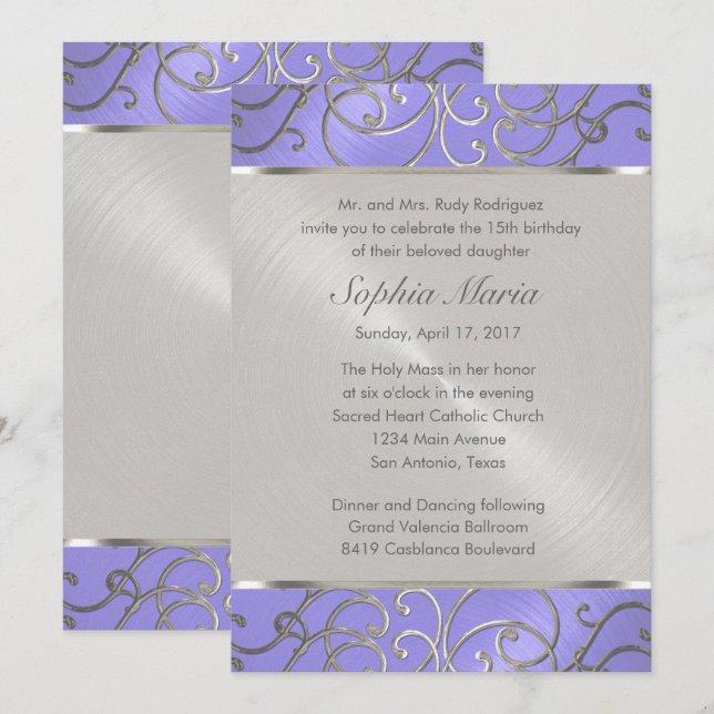 Quinceanera Lavender Purple Silver Filigree Swirls Invitation (Front/Back)