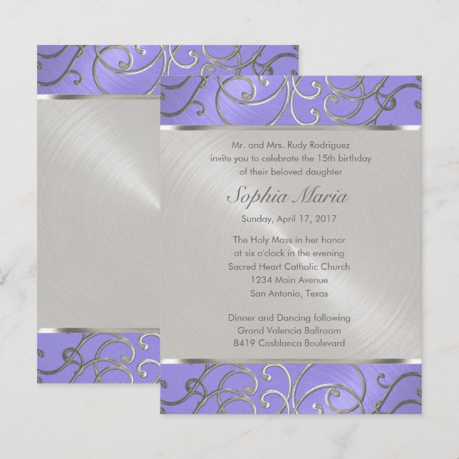 Quinceanera Lavender Purple Silver Filigree Swirls Invitation (Front/Back)