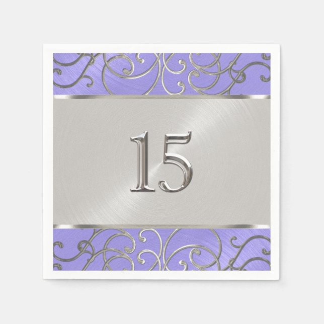 Quinceanera Lavender Purple Silver Filigree Swirls Napkin (Front)