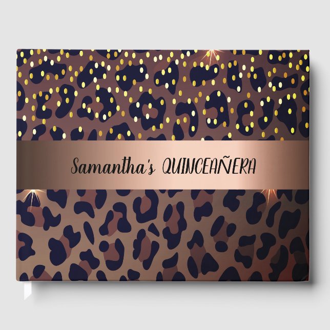 Quinceanera leopard pattern rose gold guest book (Front)