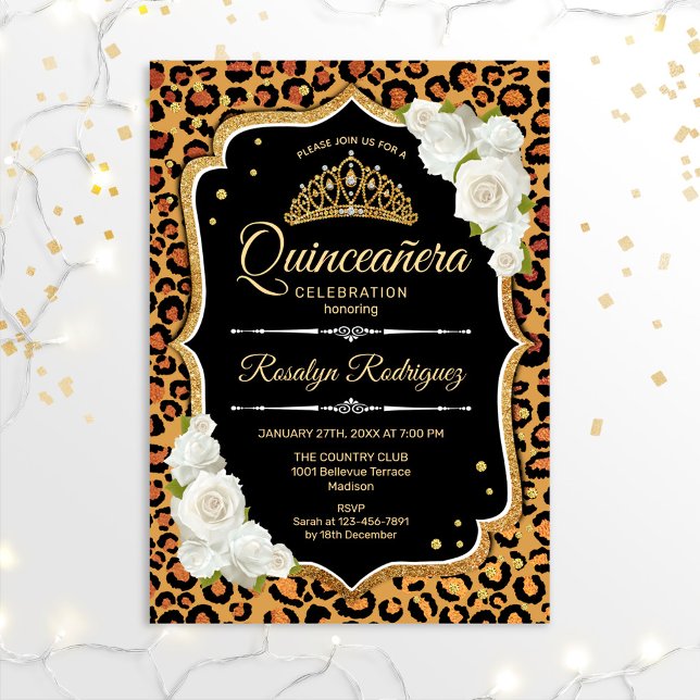 Quinceanera - Leopard Print Gold White Invitation (Creator Uploaded)