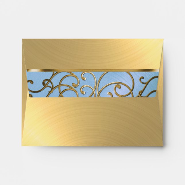 Quinceanera Light Blue and Gold Filigree Swirls Envelopes (Back (Top Flap))