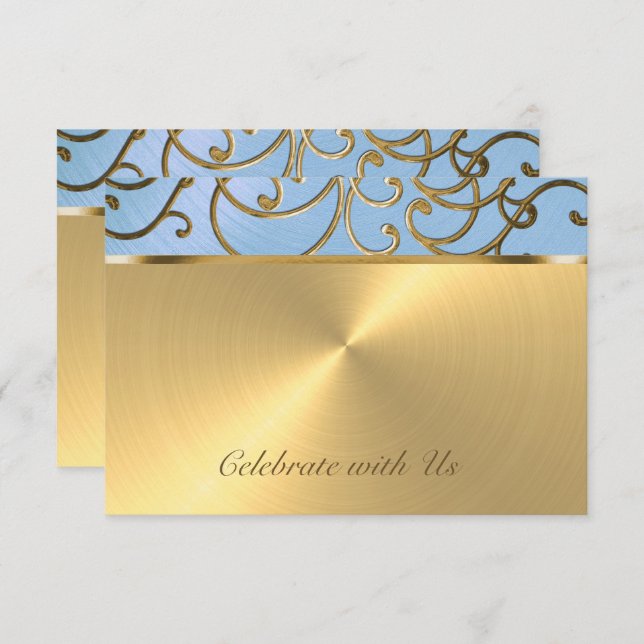 Quinceanera Light Blue and Gold Filigree Swirls Invitation (Front/Back)