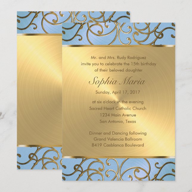 Quinceanera Light Blue and Gold Filigree Swirls Invitation (Front/Back)