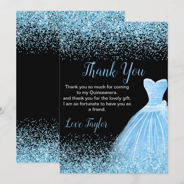 Quinceanera Light Blue Dress Faux Glitter Thank You Card (Front/Back)