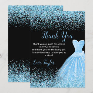 Quinceanera Light Blue Dress Faux Glitter Thank You Card