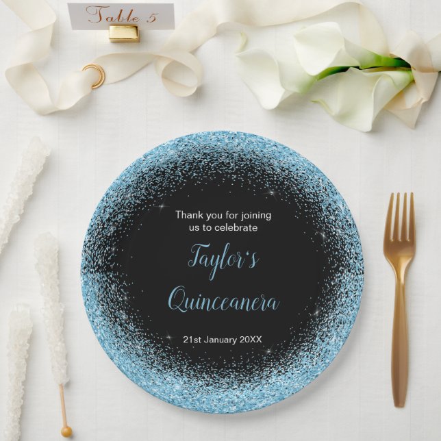 Quinceanera Light Blue Faux Glitter Paper Plate (Wedding)