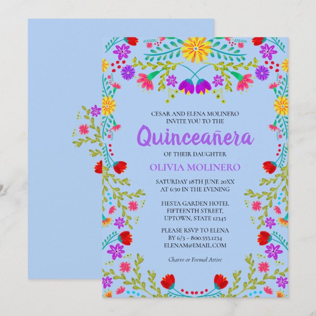 Quinceanera Light Blue Mexican Flowers Birthday Invitation (Front/Back)