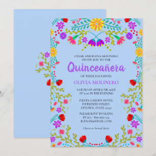 Quinceanera Light Blue Mexican Flowers Birthday Invitation