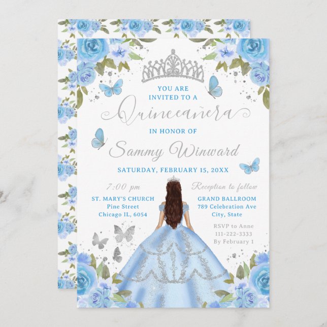 Quinceañera Light Blue Princess Brunette Girl Invitation (Front/Back)