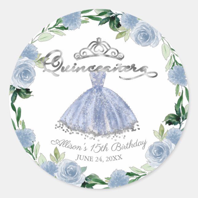 Quinceanera Light Blue Silver Gown Floral Classic Round Sticker (Front)