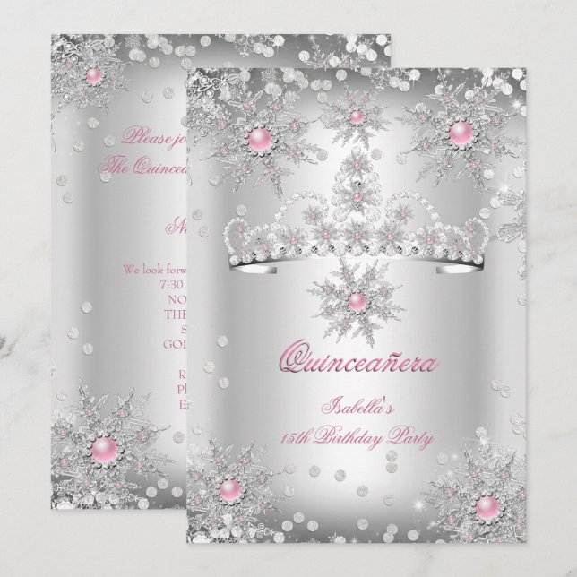 Quinceanera Light Pink Silver Winter Wonderland Invitation (Front/Back)