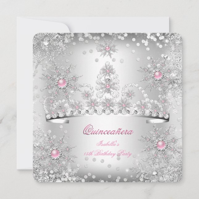 Quinceanera Light Pink Silver Winter Wonderland Invitation (Front)