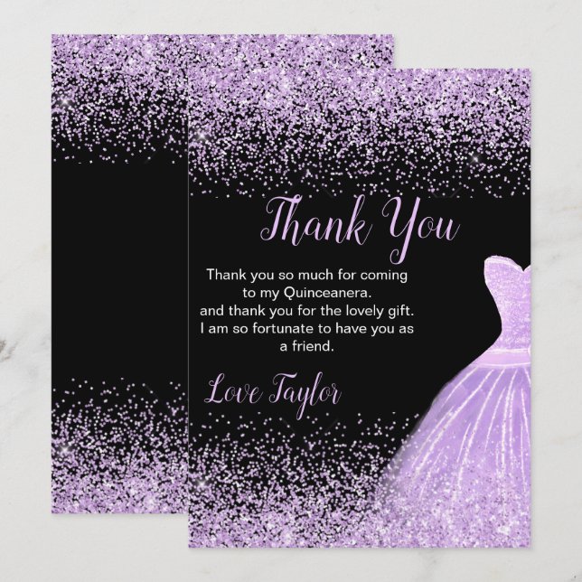 Quinceanera Light Purple Dress Faux Glitter Thank You Card (Front/Back)