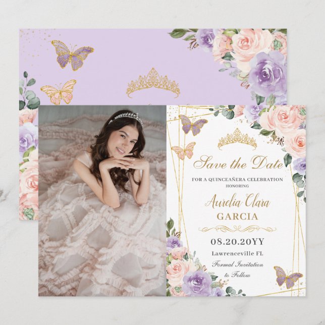 Quinceañera Lilac Blush Floral Birthday Photo Save The Date (Front/Back)