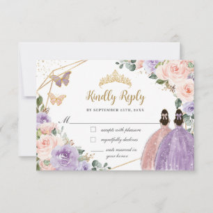 Quinceañera Lilac Blush Floral Rose Gold Twins RSVP Card