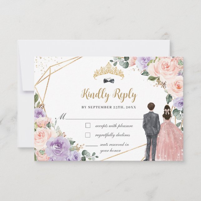 Quinceañera Lilac Blush Floral Twins Boy Girl RSVP Card (Front)