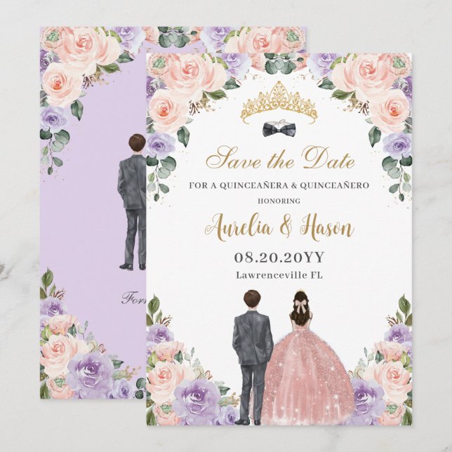 Quinceañera Lilac Blush Floral Twins Boy Girl Save The Date (Front/Back)