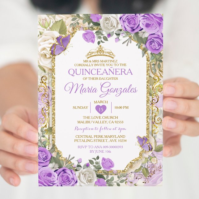 Quinceañera Lilac & Gold Crown Mexican Butterfly Invitation (Creator Uploaded)