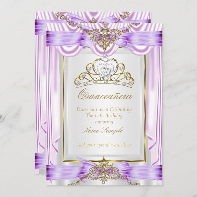 Quinceanera Lilac Lavender Purple Gold White Invitation (Front/Back)
