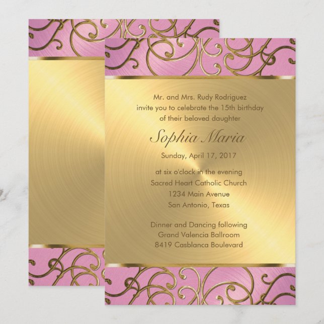 Quinceanera Lilac Pink and Gold Filigree Swirls Invitation (Front/Back)