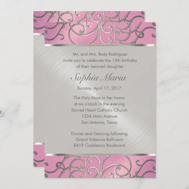 Quinceanera Lilac Pink and Silver Filigree Swirls Invitation (Front/Back)
