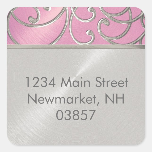 Quinceanera Lilac Pink and Silver Filigree Swirls Square Sticker (Front)