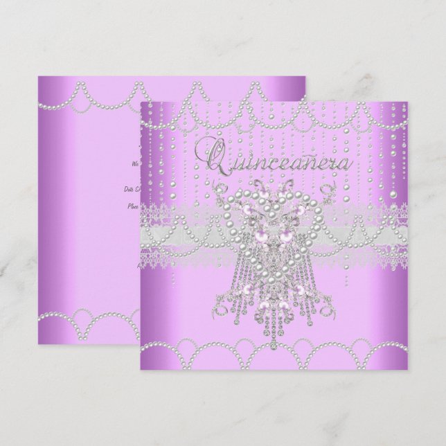 Quinceanera Lilac Pink Pearl Lace Diamond Invitation (Front/Back)