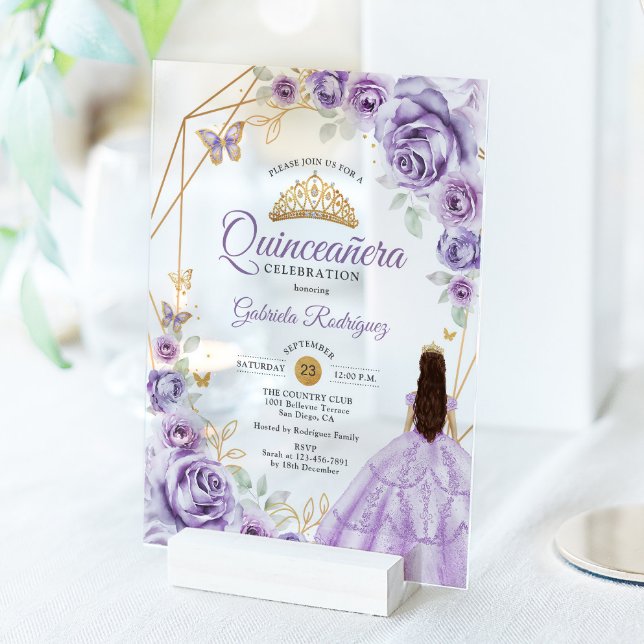 Quinceanera Lilac Purple Dress Floral Gold Acrylic Invitations (Creator Uploaded)
