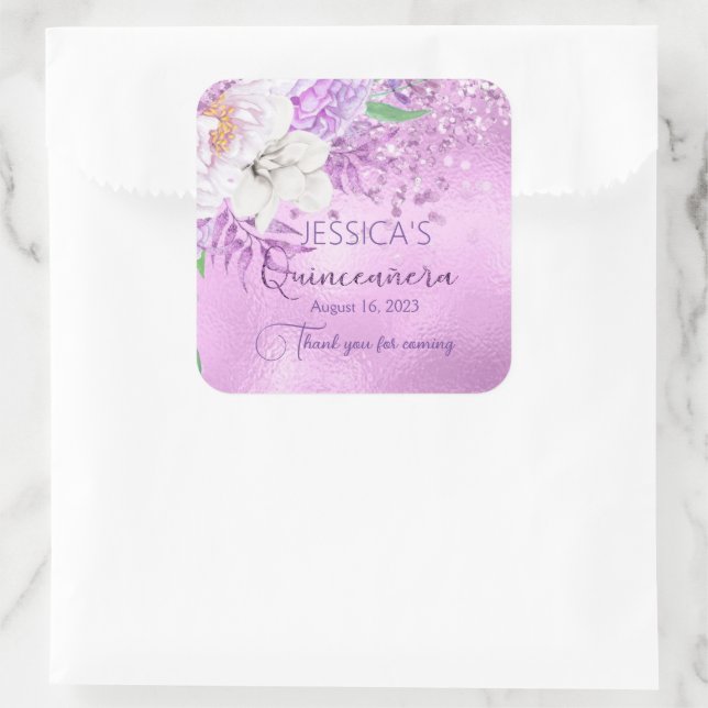 Quinceanera Lilac Purple Floral Glitter Sticker (Bag)