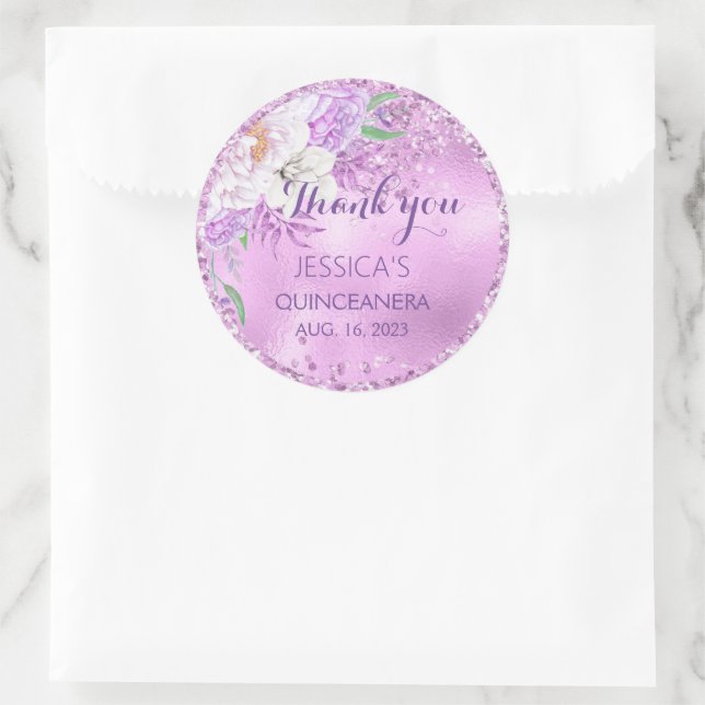 Quinceanera Lilac Purple Floral Glitter Sticker (Bag)
