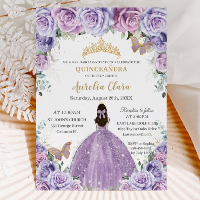 Quinceañera Lilac Purple Floral Gold Butterflies Invitation (Creator Uploaded)