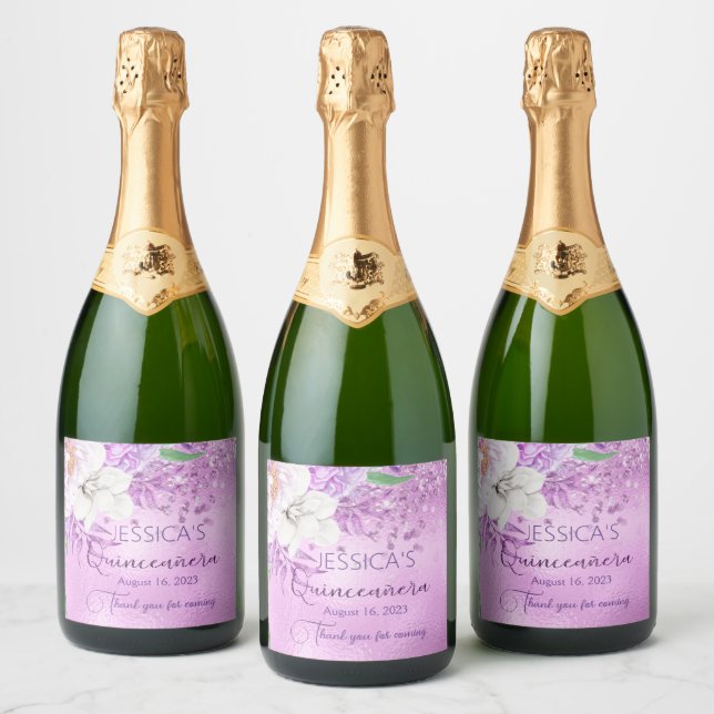 Quinceanera Lilac Purple Floral Sparkling Wine Lab Label (Bottles)