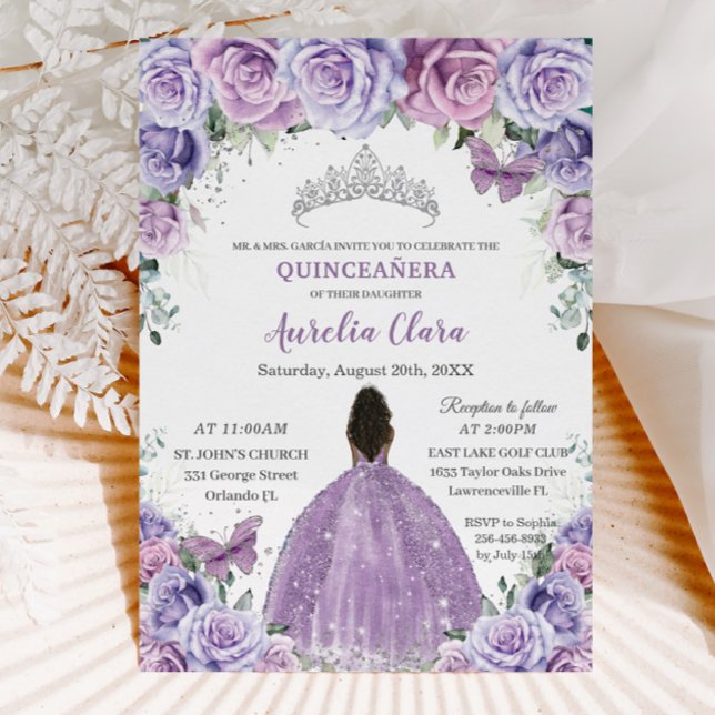 Quinceañera Lilac Purple Flowers Brown Princess Invitation (Creator Uploaded)